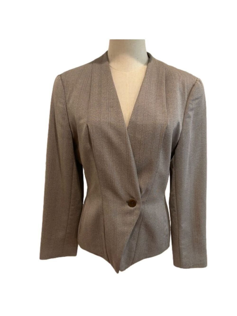 GIORGIO ARMANI VTG BLAZER GRAY & TAUPE PINSTRIPE WOOL BLEND 1 BUTTON HOURGLASS - Picture 3 of 11